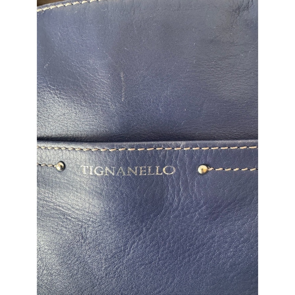 Tignanello Leather Tote Bag Navy‎ Blue Brown Shoulder Handbag Large - Picture 2 of 13